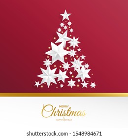 Christmas tree made of silver stars on red background. Creative christmas greeting card