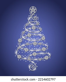 Christmas tree made of silver wire with gears, sparkles, little scattered stars on a blue background. Steampunk style. Delicate spiral shape of tree. Vector