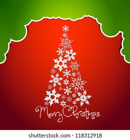 Christmas tree made from simple abstract snowflakes on red and green background