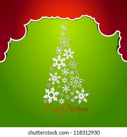 Christmas tree made from simple abstract snowflakes on green and red background
