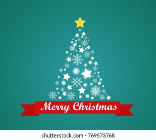 Christmas tree made from snowflake and star on green background - Christmas and Happy New Year vector postcard