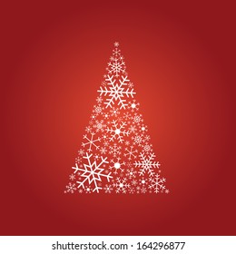 Christmas tree made of snowflakes on red background. Snowflake. Tree. Christmas tree. Tradition. December. Christmas. Snow. Flake. Snowflake tree.  Holiday tree. Holiday christmas tree. X-mas tree.
