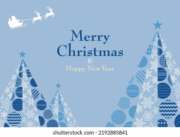 Christmas tree made of snowflakes and ornament. Reindeer and Santa Claus pulling a sled. Blue-grey background.