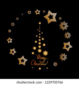 Christmas tree made from snowflakes in a star circle. MERRY CHRISTMAS! Black background. Holiday greeting. Merry Christmas and Happy New Year! Greeting card design, invitation to celebration.