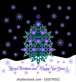  Christmas tree made of snowflakes - a symbol of a  merry Christmas and happy New Year. Fir - tree