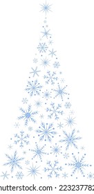 Christmas tree made from snowflakes. Vector image. Blue snowflakes on a transparent background. Postcard.
