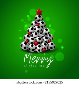 Christmas tree made of soccer balls, sports christmas. Congratulations for the football player happy new year on a green background. Pyramid of balls