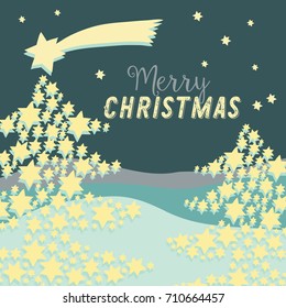 Christmas tree made of stars with big star flying above. Vector illustration on dark green background. Merry Christmas