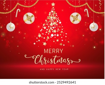 a Christmas tree made of stars in a circle resembling a tree and greetings for the New Year and Christmas on a red background.