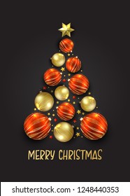 Christmas Tree made of stars, decorated red and gold realistic balls. Black Background. Christmas Greeting Card. Template for banner, flyer, poster. Shiny Christmas volume toys. 3D illustration.