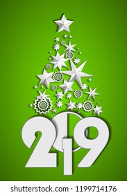 Christmas Tree made of stars and snowflakes on green background. New Year 2019 concept. Vector illustration