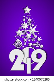 Christmas Tree made of stars and snowflakes on violet background. New Year 2019 concept. Vector illustration