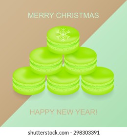 Christmas tree made up of tasty macaroon. Greeting card for Merry Christmas and Happy New Year