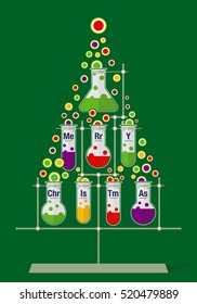 Christmas tree made of test tubes and bubbles on dark green background - Chemistry icons