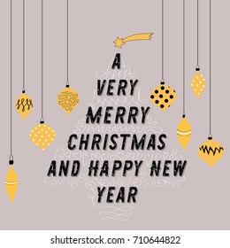 Christmas tree made from text. Decorative yellow balls hanging around it. Vector illustration on grey background. A Very Merry Christmas and Happy New Year