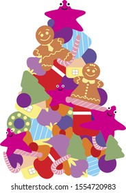 Christmas tree. Christmas tree made of toys. Vector illustration.