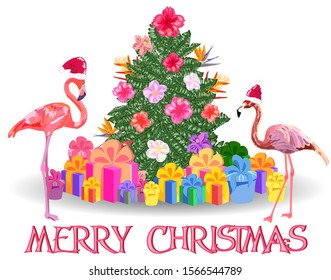 Christmas tree made of tropical leaves of monstera, avocado, flamingos in Santa's hats, gifts under the Christmas tree, fireworks. New Year celebration concept, banner, postcard, creative.