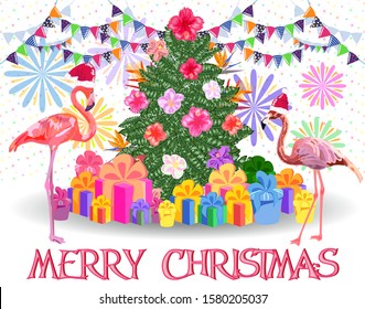 Christmas tree made of tropical leaves of monstera, avocado, flamingos in Santa's hats, gifts under the Christmas tree, fireworks. New Year celebration concept, banner, postcard, creative.