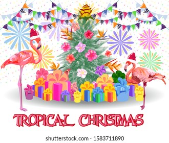 Christmas tree made of tropical leaves of monstera, avocado, flamingos in Santa's hats, gifts under the Christmas tree, fireworks. New Year celebration concept, banner, postcard, creative.
