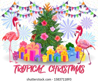 Christmas tree made of tropical leaves of monstera, avocado, flamingos in Santa's hats, gifts under the Christmas tree, fireworks. New Year celebration concept, banner, postcard, creative.