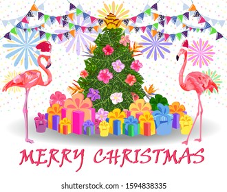 Christmas tree made of tropical leaves of monstera, avocado, flamingos in Santa's hats, gifts under the Christmas tree, fireworks. New Year celebration concept, banner, postcard, creative.