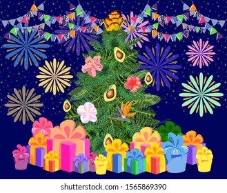 Christmas tree made of tropical monstera leaves, avocado, gifts under the tree and fireworks. New Year celebration concept, banner, postcard, creative.