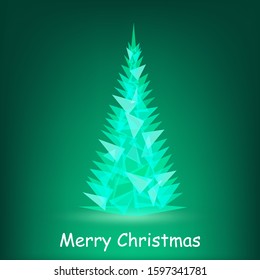 Christmas tree made of turquoise luminous triangles on a turquoise background. Vector illustration.