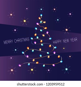 Christmas tree made from twinkle lights.MERRY CHRISTMAS! HAPPY NEW YEAR! Colorful Christmas garland on blue. Design Christmas greeting cards, invitations for the celebration.