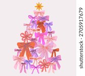 Christmas tree made with various pink and red color bow knots instead of fir tree branches. Trendy greeting card decor design element. Festive vector illustration for banner, placard and poster print.