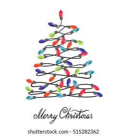 Christmas tree made of watercolor light bulbs. Merry CHristmas and New Year greeting card design. Vector illustration. 