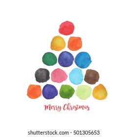 Christmas tree made from watercolor splashes. Merry Christmas and Happy New Year greeting card. Vector illustration.