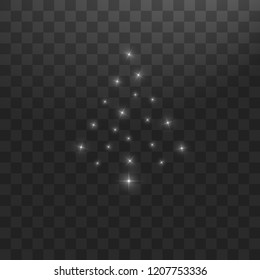 Christmas Tree made. White glitter bokeh lights and sparkles. Shining star, sun particles and sparks with lens flare effect on transparent background