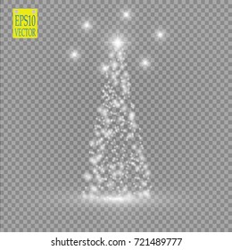 Christmas Tree made, White glitter bokeh lights and sparkles. Shining star, sun particles and sparks with lens flare effect on transparent background. Vector