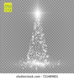 Christmas Tree made, White glitter bokeh lights and sparkles. Shining star, sun particles and sparks with lens flare effect on transparent background. Vector