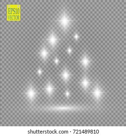 Christmas Tree made, White glitter bokeh lights and sparkles. Shining star, sun particles and sparks with lens flare effect on transparent background. Vector