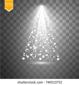 Christmas Tree made, White glitter bokeh lights and sparkles. Shining star, sun particles and sparks with lens flare effect on transparent background