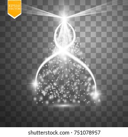 Christmas Tree made, White glitter bokeh lights and sparkles. Shining star, sun particles and sparks with lens flare effect on transparent background. Vector