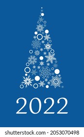 Christmas tree made of white snowflakes on a blue background, New Year card text 2022, vector
