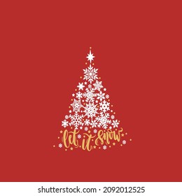 Christmas tree made of white snowflakes with gold writing Abstract Merry Christmas and red background used for cushion, kitchen towel, runner
