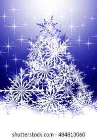 Christmas tree made of white snowflakes on a blue background
