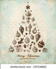 Christmas Tree Made Of Xmas Engraved Icons And Hand Drawn Elements, Vintage Old Paper Texture, Floral Corner Decorations, Polka Dot Background For Xmas Card Retro Design
