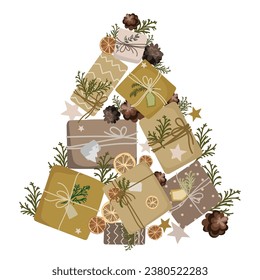 Christmas tree made from Xmas gift boxes vector illustration on a white background.Craft Gift boxes in the shape of a pine tree.Design element or background for holiday design,print,card