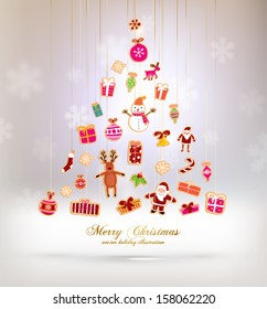 Christmas Tree Made Of Xmas Icons And Elements, Blurred Snowflakes, Vector