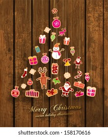 Christmas Tree made of Xmas icons, Wooden Background, Vector