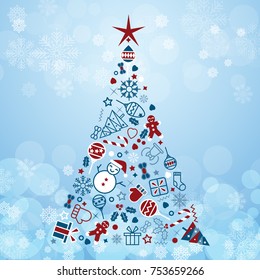 Christmas Tree Made of Xmas icons and elements on snowflakes background.
Greeting cards design for Christmas holiday and New Year in Modern stylish. Vector illustration