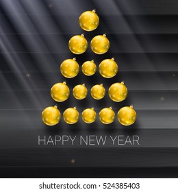 Christmas tree made from yellow christmas balls on the wooden background and rays of light with shiny sparkles. Vector 3D illustration, template for your greeting card