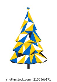 Christmas tree made up of yellow and blue triangles. Modern New Year illustration for New Year cards isolated on white background. Vector.