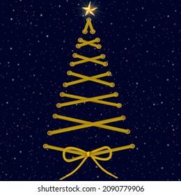 Christmas tree made of yellow lacing on a dark background.