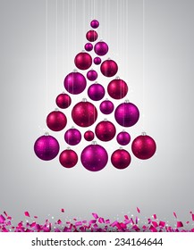 Christmas tree with magenta christmas balls. Vector illustration. 