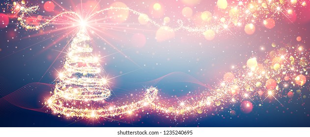 Christmas Tree Magic in Bright Colors, New Year Background. Vector illustration